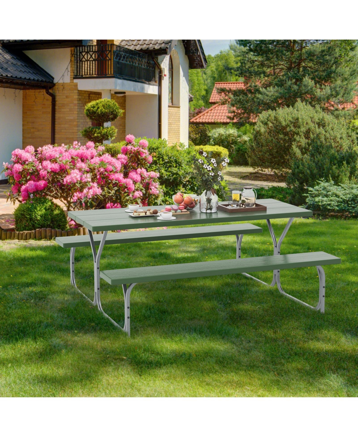 Slickblue 6 Ft Picnic Table Bench Set Dining Table and 2 Benches with Metal Frame and Hdpe Tabletop