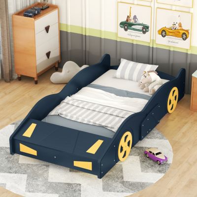 Streamdale Blue & Yellow Race Car Platform Bed with Storage