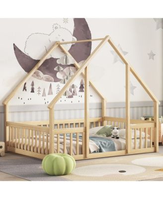 Simplie Fun Full Wood House-Shaped Floor Bed with Fence, Guardrails, Natural