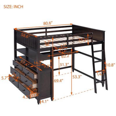 Streamdale Espresso Wooden Loft Bed with Desk and Drawers