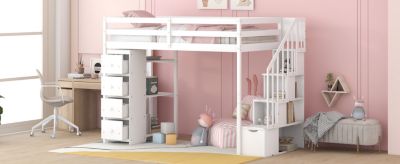 Twin Loft Bed with Drawers & Stairs, Shelves