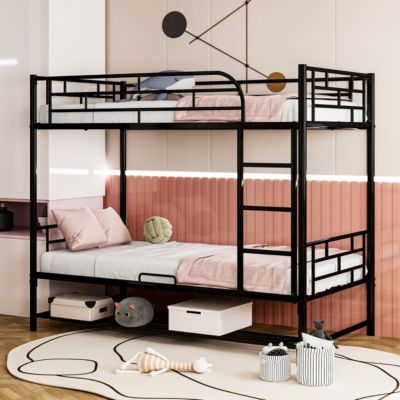 Streamdale Twin Over Twin Metal Bunk Bed With Shelf And Guardrails, White
