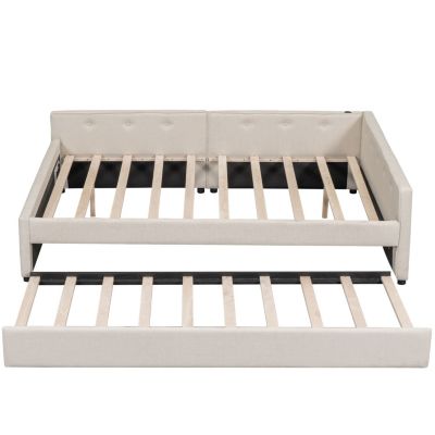 Queen Size Upholstered Platform Bed with USB And Twin Size Trundle