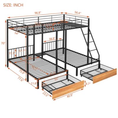 Streamdale Metal Triple Bunk Bed with Drawers and Rails