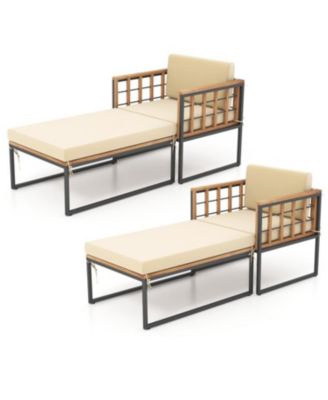 Patio Acacia Wood Armchair with Long Ottoman and Seat Back Cushions