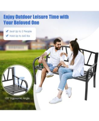 Patio Garden Bench with Metal Frame and Slatted Seat-Black