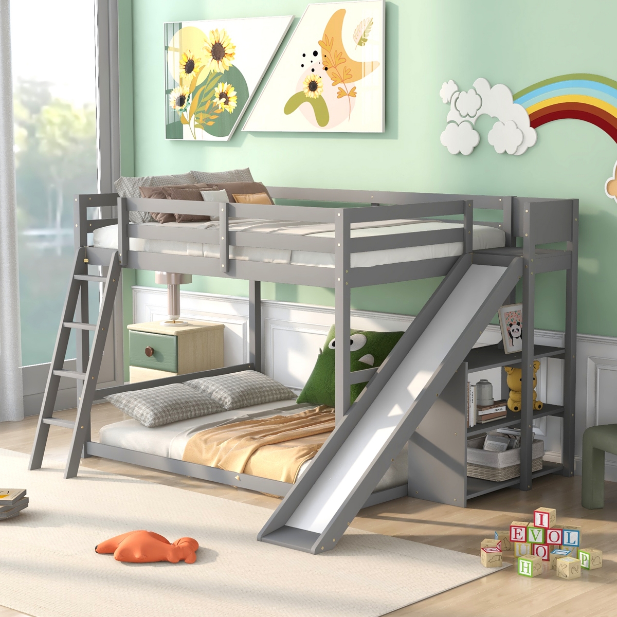 Streamdale Full Over Bunk Bed With Ladder, Slide And Shelves