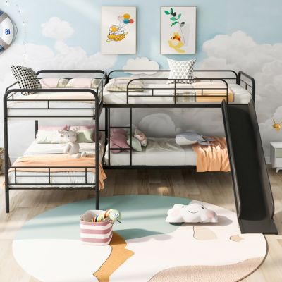Twin Size L-Shaped Bunk Bed with Slide and Ladder