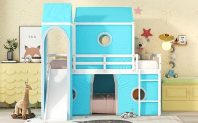 Twin Size Loft Bed with Slide Pink Tent and Tower.