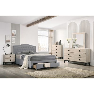 Light Grey Twin Bed with Drawer Storage & Button Tufted Headboard