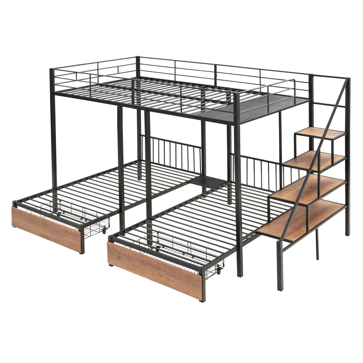 Streamdale Furniture Full Over Twin-Twin Triple Bunk Bed With Drawers And Staircase