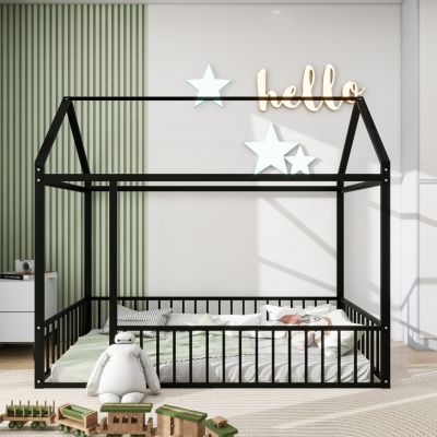 Twin Metal House Bed with Fence