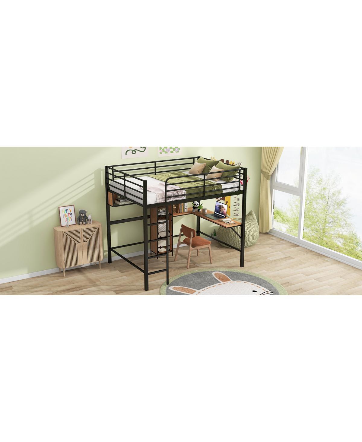 Simplie Fun Full Size Metal & Wood Loft Bed With L - Shaped Desk And Shelves