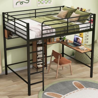 Full Size Metal & Wood Loft Bed With L - Shaped Desk And Shelves