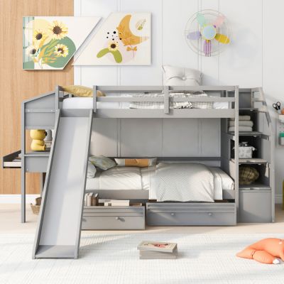 Streamdale White Twin Bunk Bed with Staircase, Slide, and Desk