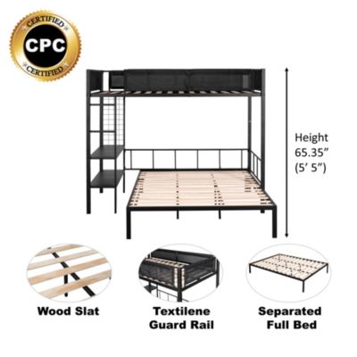Metal Twin Over Full Bunk Bed with Shelves & Grid Panel