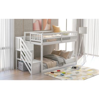 Streamdale Twin Over Twin Floor Bunk Bed, Ladder With Storage