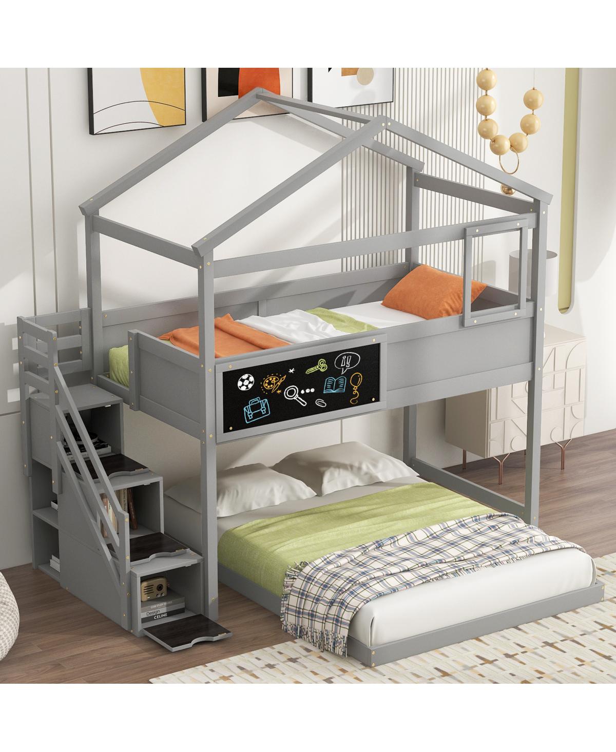 Simplie Fun Twin Over Full House Bunk Bed With Storage Staircase And Board