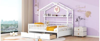 Streamdale Kids' White Wooden House Bed with Drawers and Shelf