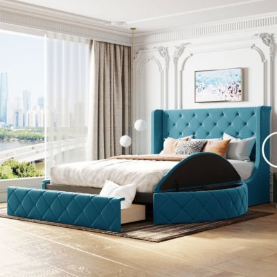 Streamdale Velvet Queen Storage Platform Bed with Wingback Headboard