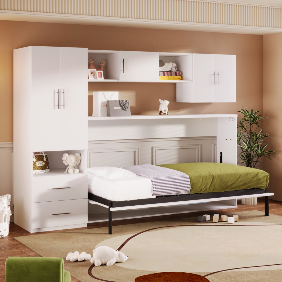 Simplie Fun Twin Size Murphy Bed With Open Shelves And Storage Drawers, Builtin Wardrobe And Table