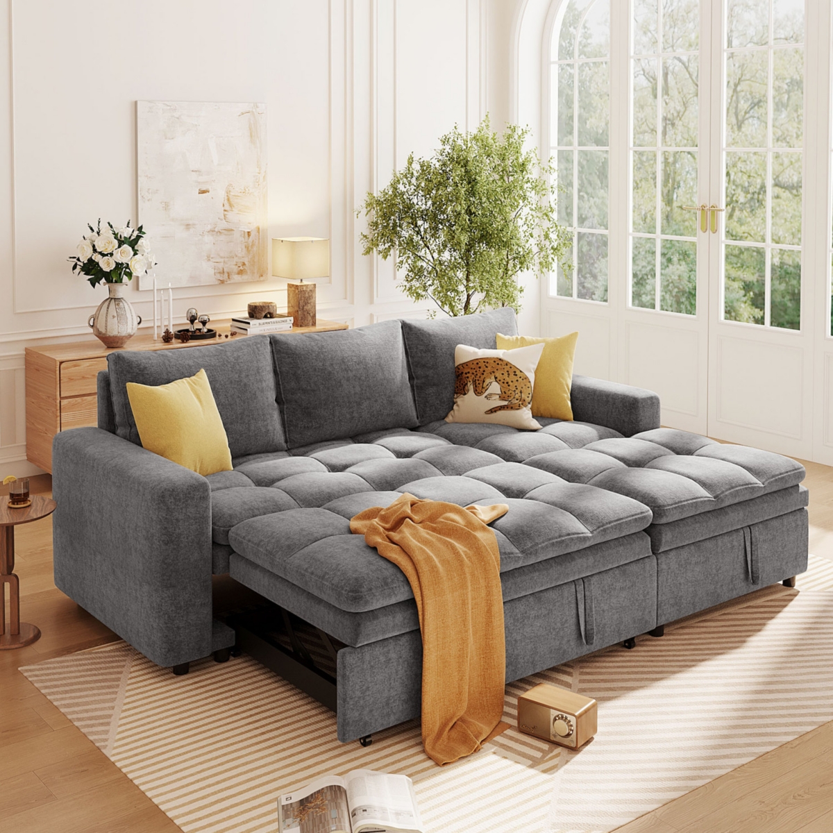 Streamdale Furniture Modern Chenille Fabric Corner Sofa Bed with Storage