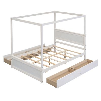 Streamdale Full Size Wood Canopy Bed with Drawers, Brushed White