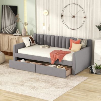 Twin Size Upholstered Daybed With Drawers, Wood Slat Support