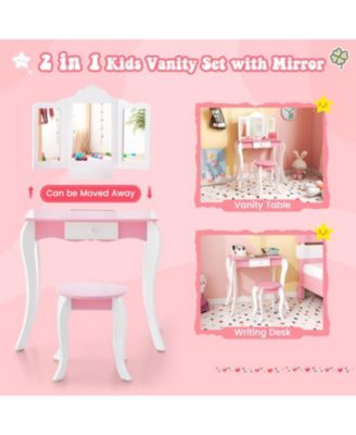Kid's Wooden Vanity Table and Stool Set with 3-Panel Acrylic Mirror-White