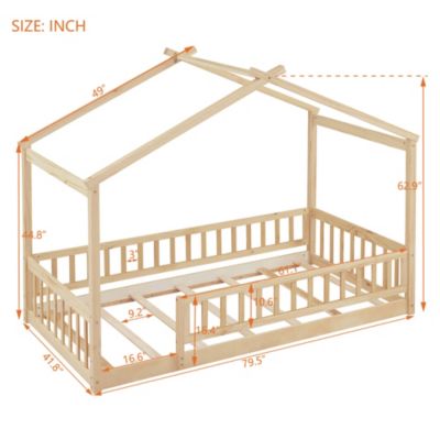 Twin Size Wood House Bed Frame with Fence
