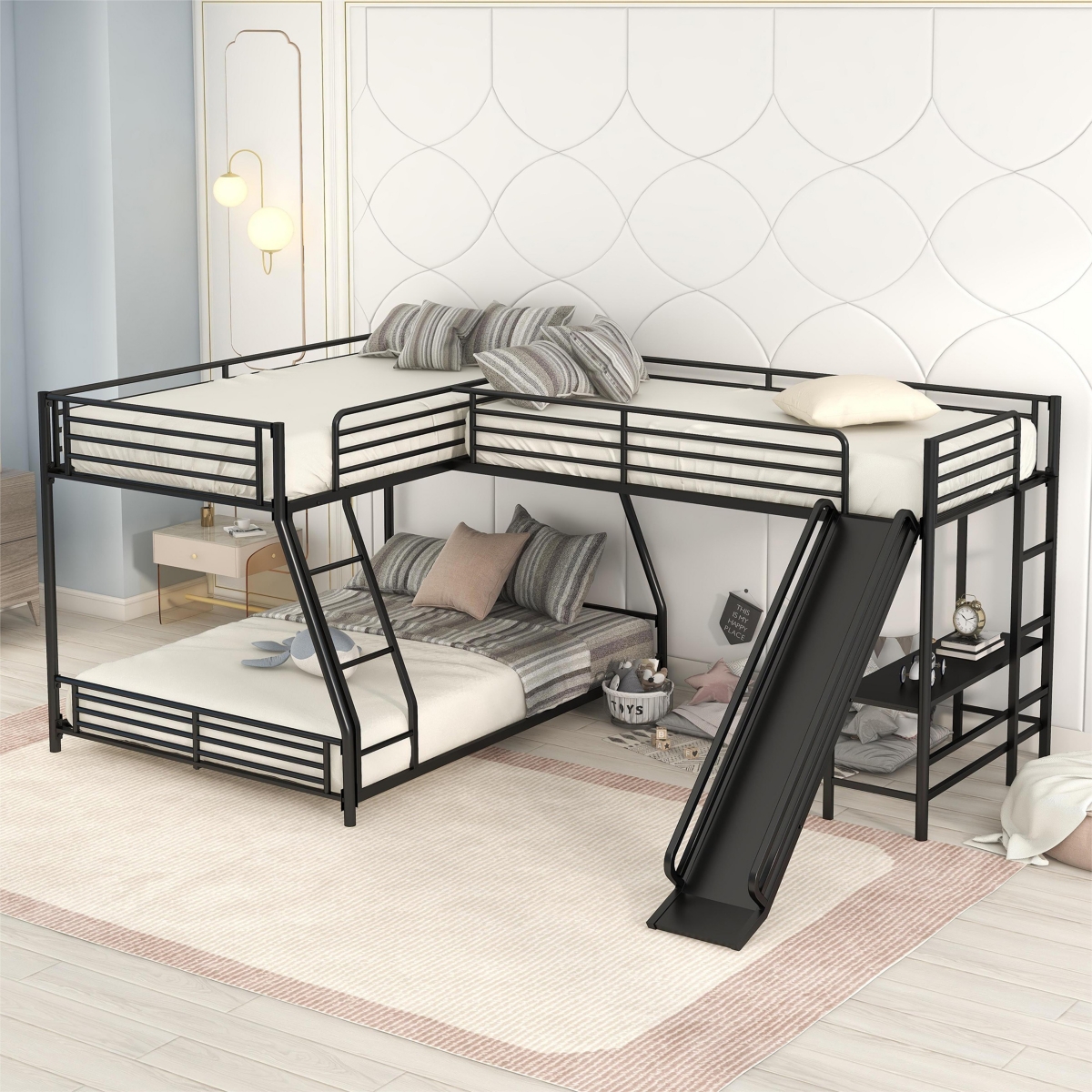 Streamdale Twin/Full L-Shape Bunk Bed w/ Desk & Slide