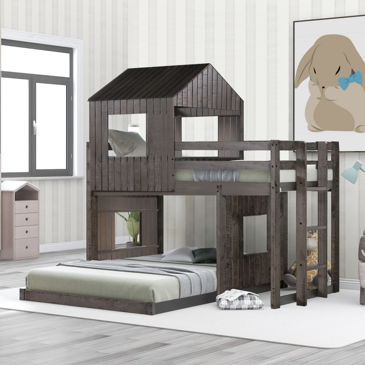 Streamdale Furniture Wooden Twin Over Full Bunk Bed, Loft Bed With Playhouse, Farmhouse, Ladder And Guardrails