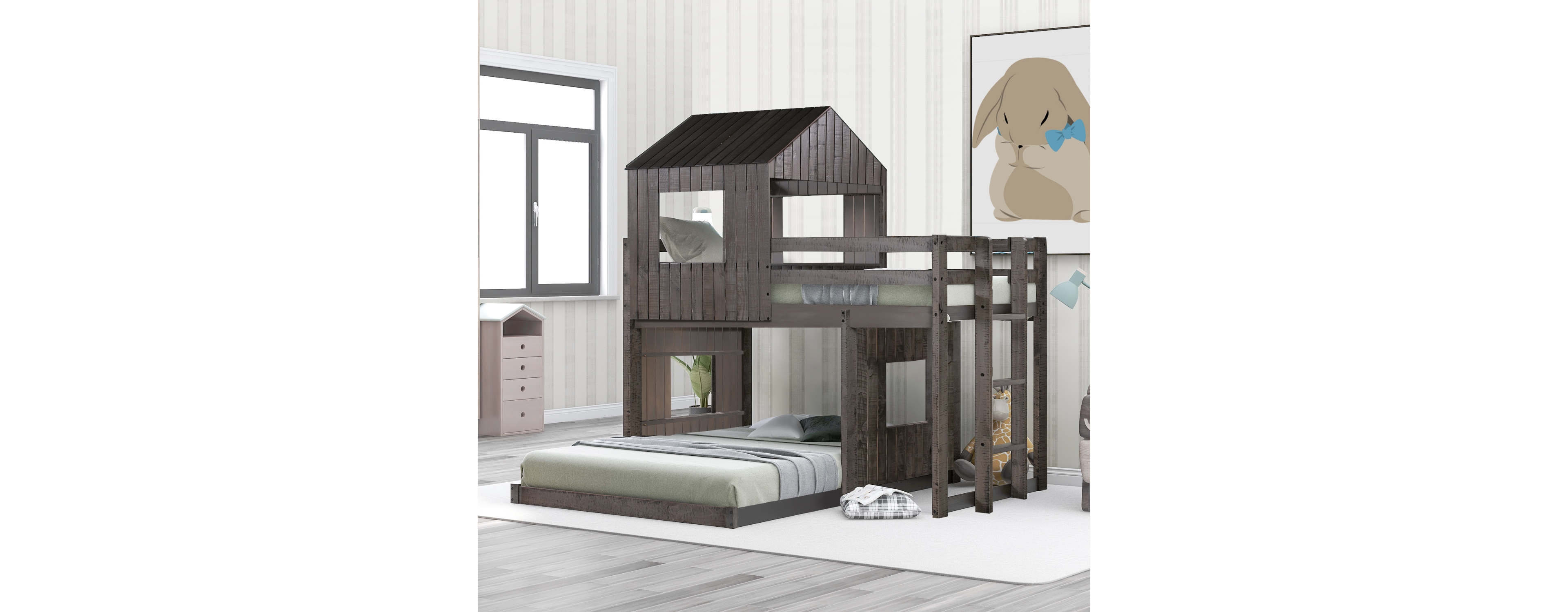 Streamdale Furniture Wooden Twin Over Full Bunk Bed, Loft Bed With Playhouse, Farmhouse, Ladder And Guardrails