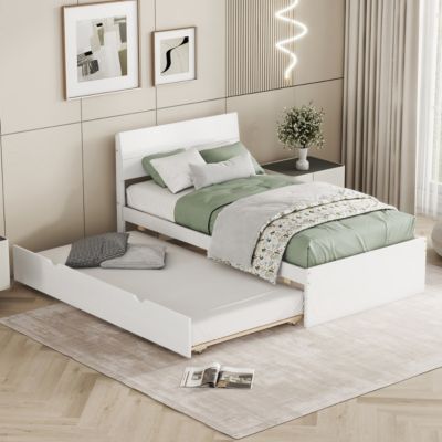 Modern Twin Bed Frame with Trundle, White Gloss Finish