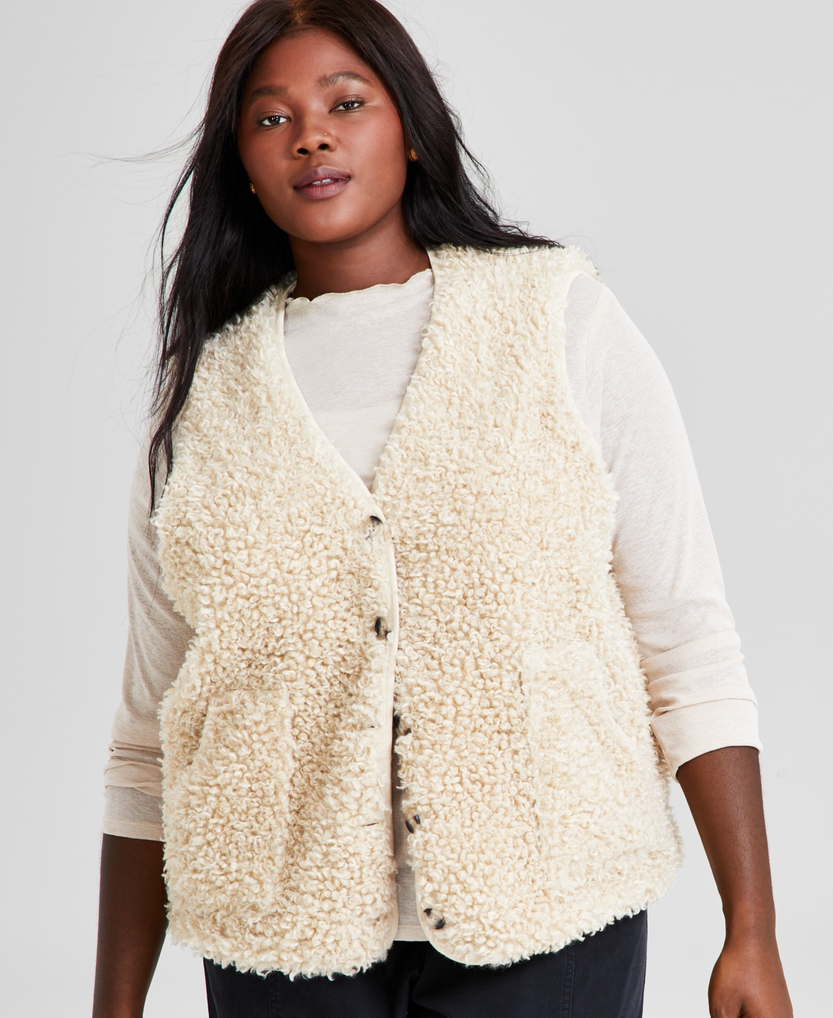And Now This Trendy Plus Size V-Neck Sherpa Vest, Created for Macy's