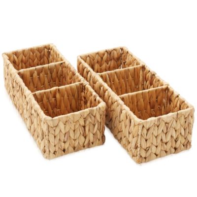 Set of 2 Water Hyacinth Storage Baskets with 3 Sections, Espresso - Woven Bin Organizers for Bathroom, Laundry, Pantry, Office, Shelves