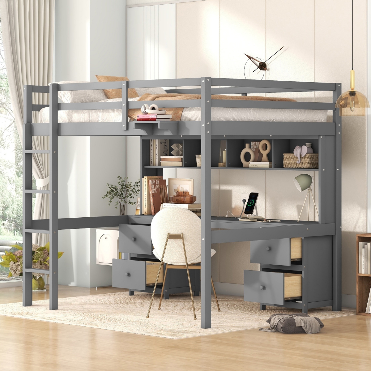 Full Size Loft Bed With Desk, Cabinets, Drawers And Bedside Tray, Charging Station