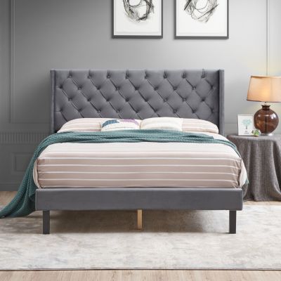 Gray Velvet Winged Queen Platform Bed