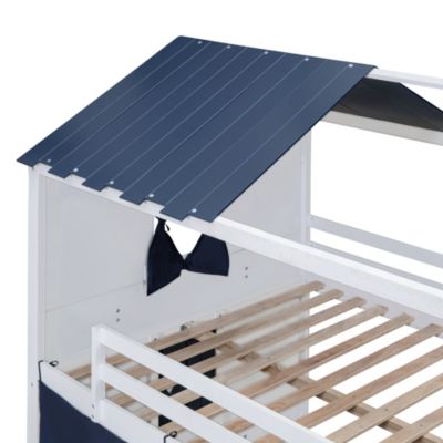 Streamdale Full Size Bunk Wood House Bed With Elegant Windows, Sills And Tent