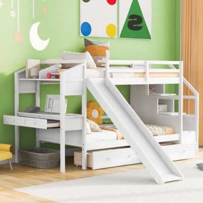 Twin Bunk Bed with Storage, Slide, Desk, and Drawers