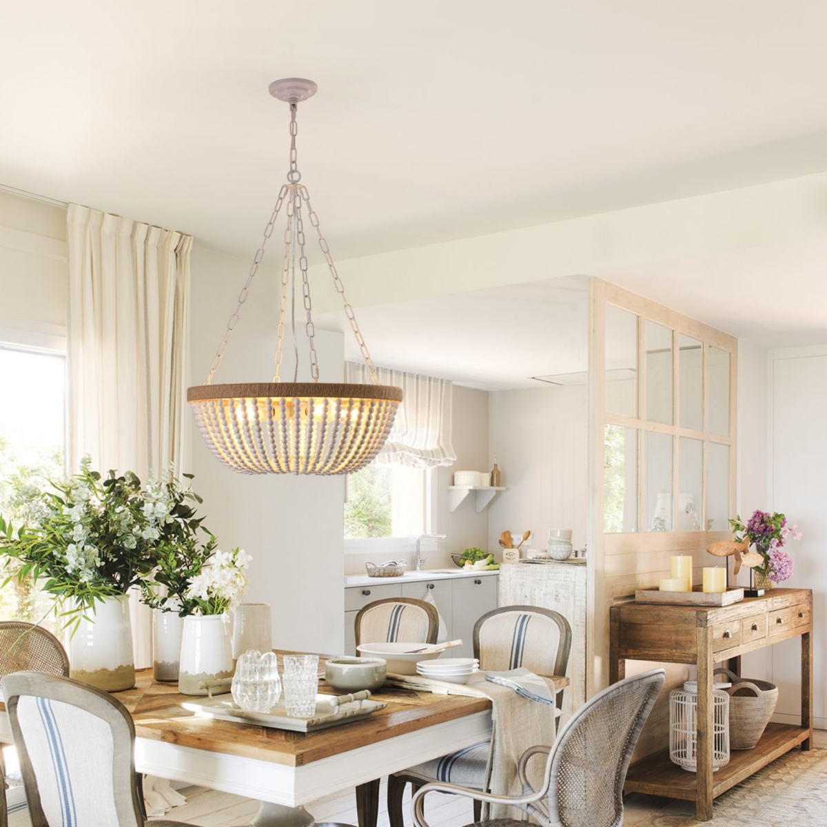 Streamdale Bohemian style Wood Beaded Chandelier Oak White