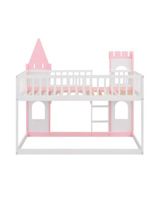 Twin Over Twin Castle Bunk Bed With Ladder - Pink
