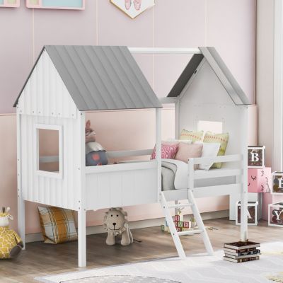 Twin Size Low Loft Wood House Bed with Two Side Windows