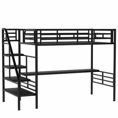 Metal Loft Bed Frame With Desk, No Box Spring Needed