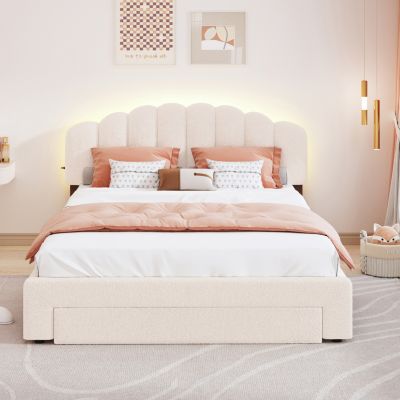 Streamdale Teddy Fleece Queen Size Upholstered Platform Bed With Drawer, White