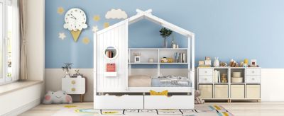 Wooden Twin Size House Bed With 2 Drawers, Kids Bed With Storage Shelf