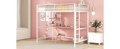 Set of 1 Full Metal Loft Bed With Desk And Shelves