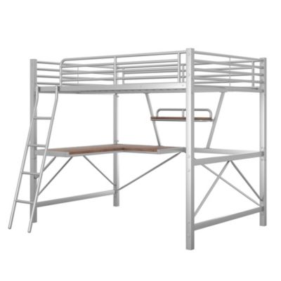 Full Size Loft Bed with Metal & MDF Frame, Desk and Shelf, Silver