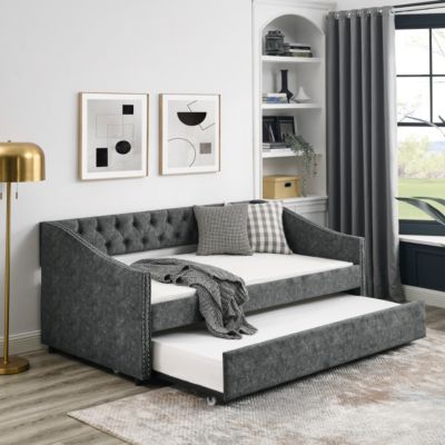 Tufted Upholstered Twin Daybed with Trundle, Grey
