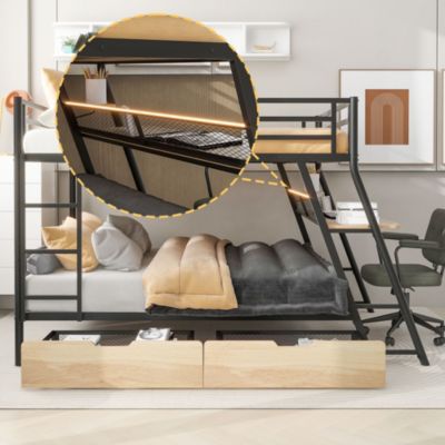 Full Size Metal Bunk Bed With Built-In Desk, Light And 2 Drawers